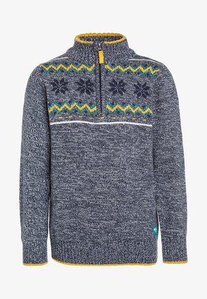 Pull en maille bleu marine avec demi-fermeture éclair, bordure jaune, motifs en zigzag verts et jaunes et flocons de neige sur la poitrine et le haut des manches.