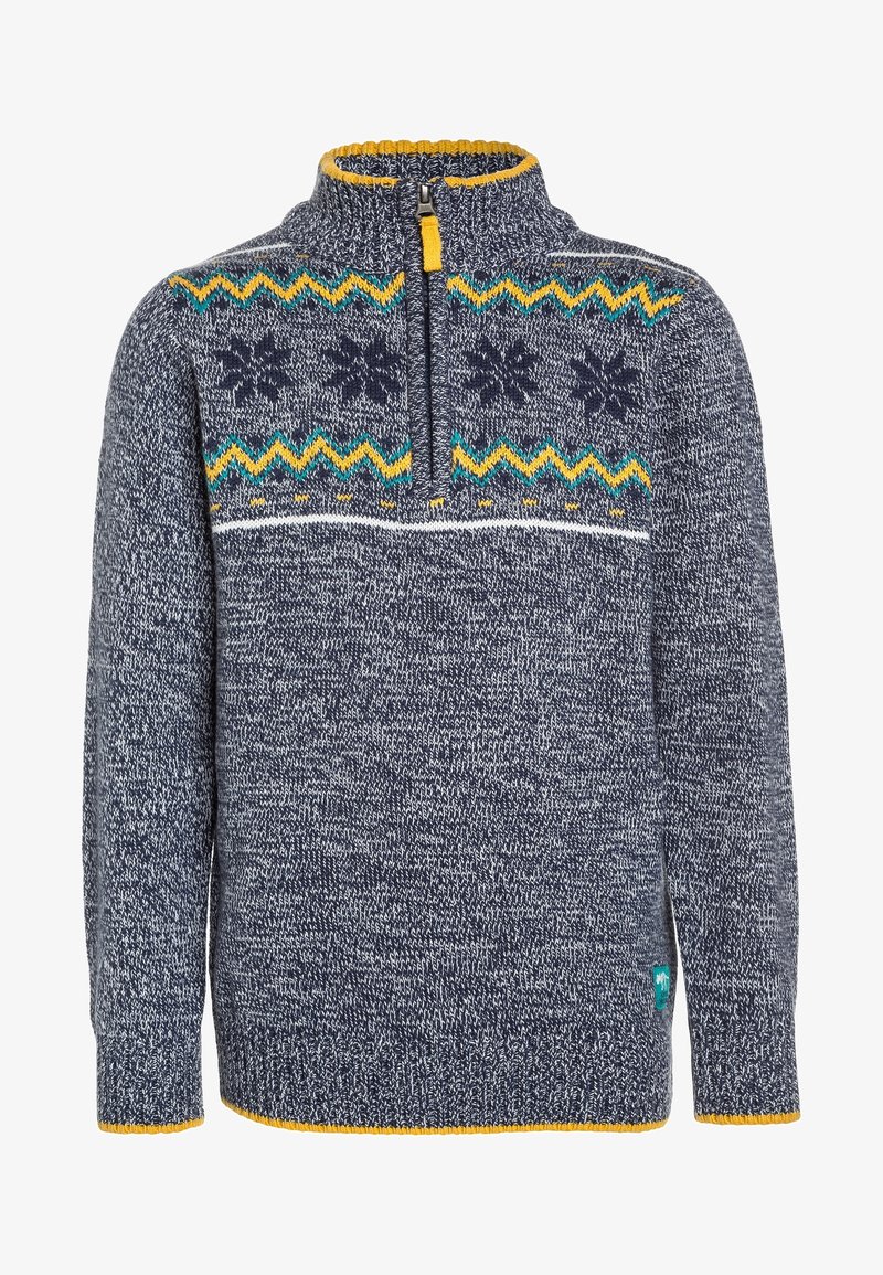 Pull en maille bleu marine avec demi-fermeture éclair, bordure jaune, motifs en zigzag verts et jaunes et flocons de neige sur la poitrine et le haut des manches.