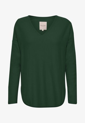 Dunkelgrünes Langarm-V-Ausschnitt-Oberteil aus weichem Material, mit einem lockeren Schnitt und abgerundetem Saum mit seitlichen Schlitzen. Etikett innen sichtbar.