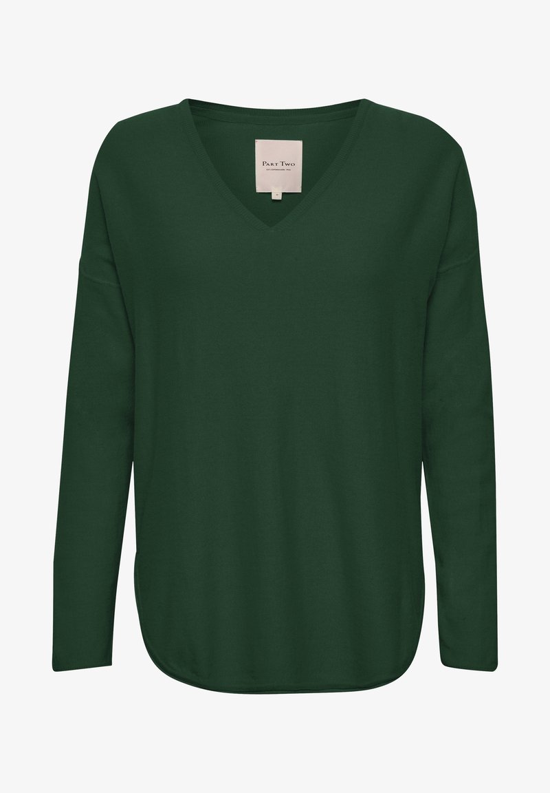 Tummanvihreä pitkähihaista V-pääkauppatoppia, joka on valmistettu pehmeästä materiaalista. Siinä on rento istuvuus ja pyöristetty helma, jossa on sivureiät. Tunnus näkyy sisällä.