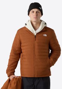 Chaqueta de plumas marrón con costuras verticales, capucha forrada de forro polar y bolsillos laterales. Llevada con un gorro negro, sostenido con una mano.