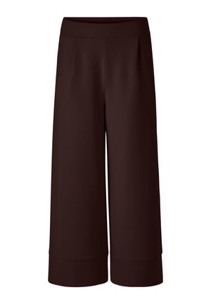 Brown culottes with a wide leg, featuring a smooth texture and an elastic waistband. The design includes subtle pleats at the front.