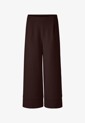 Culotte marroni a gamba larga, con una texture liscia e una cintura elastica. Il design include pieghe sottili sul davanti.