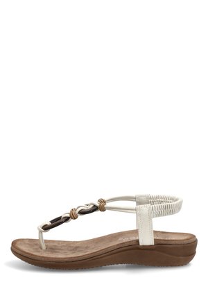 Sandalia de cuña para mujer en color marrón con tiras trenzadas beige y talón trasero elástico, con bucle para el dedo y plantilla acolchada.