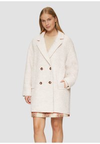 Weißer, strukturierten Wollmischungsmantel mit doppelreihigem Design, großen aufgesetzten Taschen und braunen Knöpfen. Tailored Kragen und lässiger Schnitt.
