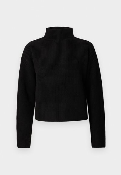 Black ribbed turtleneck sweater with long sleeves and a cropped design. Texture appears thick and knitted, with no visible patterns or embellishments.
