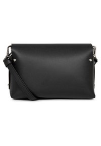 Borsa a tracolla nera realizzata in materiale sintetico liscio. Caratterizzata da una forma rettangolare, tracolla regolabile e dettagli in metallo argentato.