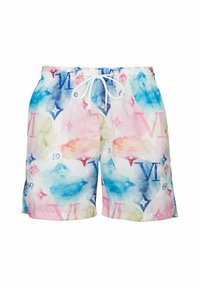Kleurige zwemshorts met een spetter aquarelontwerp in pastelkleuren van blauw, roze en groen, met merkaccenten en een trekkoord in de taille.