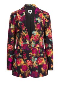 Květinové sako v černé barvě s živými vzory v červené, růžové a tyrkysové. Výstřih s klopami, zapínání na jedno knoflíček a dvě přední kapsy.