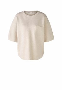 Béžový pletený top s krátkým rukávem, kulatým výstřihem a kapsou na hrudi, volný střih, jednobarevný design.