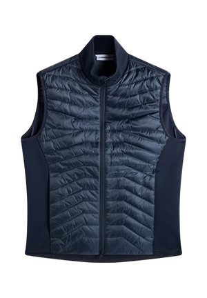 Mouwloos navy blauw doorgestikt vest met volledige ritssluiting aan de voorkant en opstaande kraag, met rekbare zijpanelen van stof.