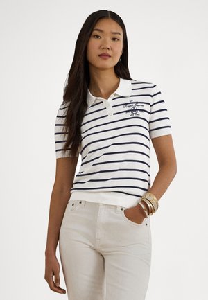 STRIPED COTTON-BLEND POLO SWEATER - Poloshirts - white/refined navy