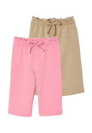 Zwei Hosen mit elastischem Bund und Kordelzug für Kinder, eine rosa und eine beige, auf weißem Hintergrund gezeigt.