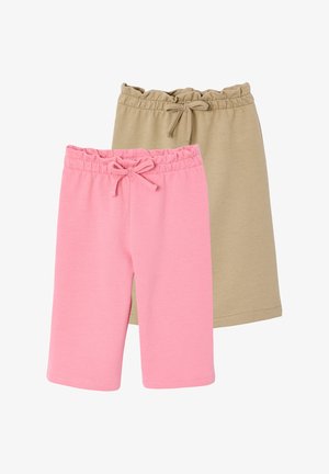 Two pairs of children's elastic waist pants with drawstrings, one pink and one beige, displayed on a white background.