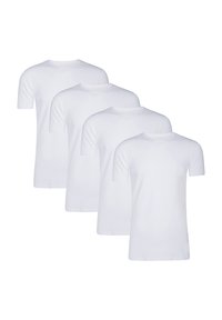 Vier witte katoenen t-shirts met een klassieke ronde hals, korte mouwen en een soepele textuur. Alle shirts zijn identiek in ontwerp.