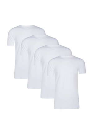 Quatre t-shirts en coton blancs présentant un col rond classique, des manches courtes et une texture lisse. Tous les t-shirts sont identiques en design.