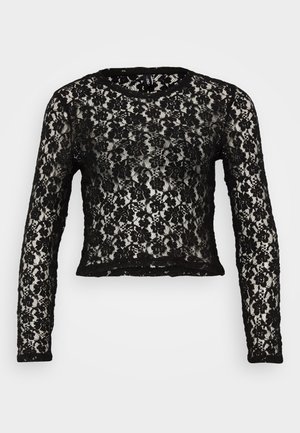 Black lace long-sleeve top with a round neckline. Features floral pattern and a cropped fit. Sheer texture with solid black trim at the hem and cuffs.