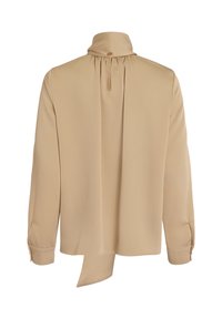 Beige long-sleeve blouse featuring a high collar, gathered back detail, and button closure. Made of smooth fabric with cuffed sleeves.