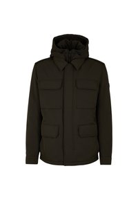 Dunkelgrüne, kapuzengekleidete Jacke mit Reißverschluss vorne, zwei Brusttaschen und zwei unteren Taschen. Hergestellt aus einem glatten, strapazierfähigen Stoff.