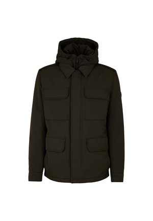 Donkergroene gewatteerde jas met een rits aan de voorkant, twee borstzakken en twee lagere zakken. Gemaakt van een gladde, duurzame stof.