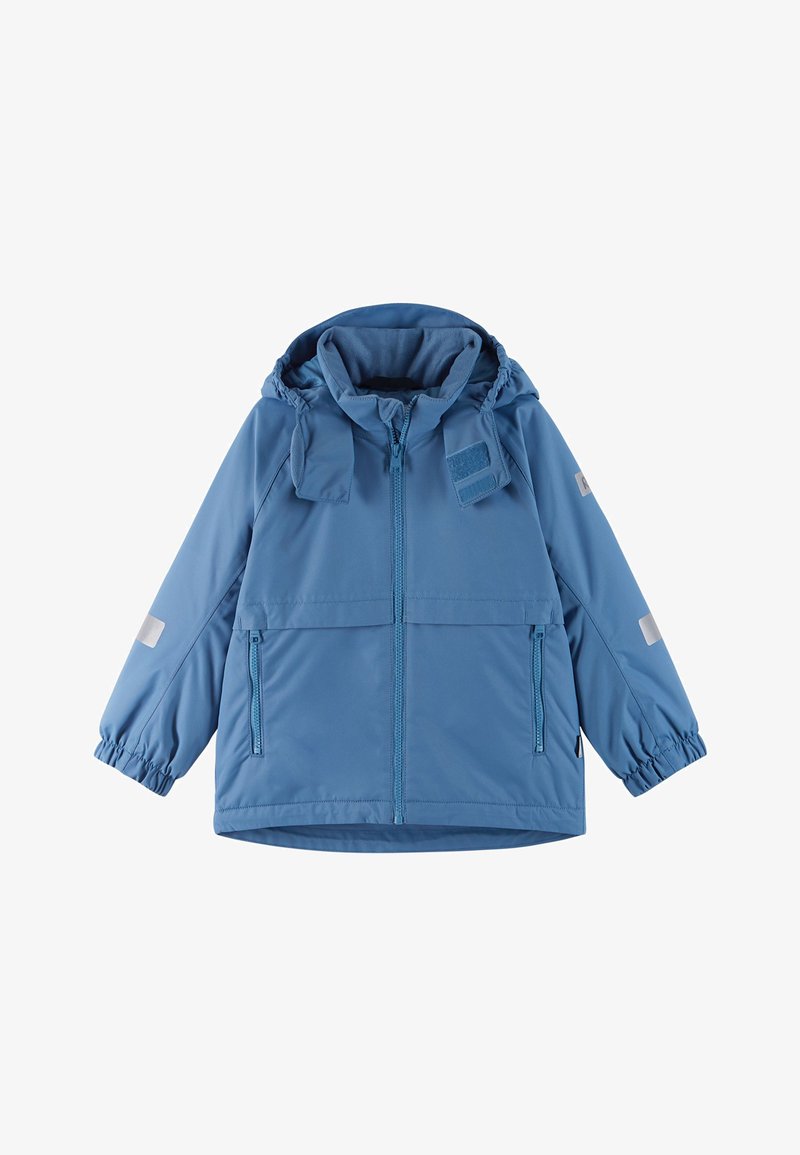 Šviesiai mėlyna neopreninė striukė su gobtuvu, užtrauktuku priekyje, elastinėmis rankovėmis, dviem priekinėmis kišenėmis ir atspindinčiais akcentais ant pečių ir rankovių.