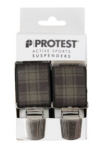 Grijze geruite bretels met metalen clips. Heeft een stevige stofontwerp en verstelbare lengte. Verpakt op een witte achterkant met branding.