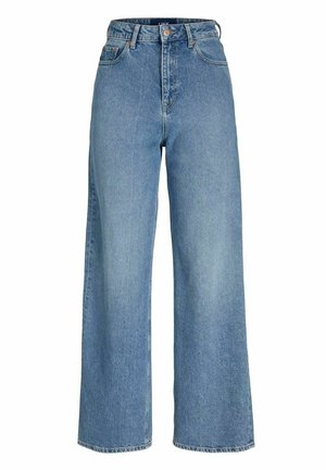 Lysblå høytaljede jeans med bred benklipp, laget av denim. Funksjoner inkluderer en frontknapplukning og subtil fading.