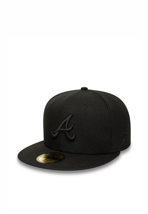 Black fitted baseball cap with embroidered stylized letter A on front and gold size sticker on flat brim.