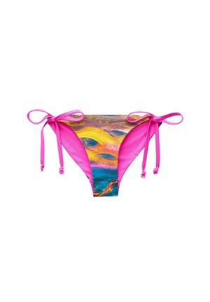 Rózsaszín bikinialsó, kötős zárással, elöl multicolor absztrakt mintával kék, sárga és narancssárga színekben.