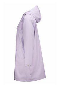 Purple waterproof raincoat featuring a hood, side pocket, snap cuffs, and a straight cut. Smooth texture with a matte finish.