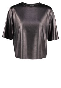 Metaliczny ciemnoszary top z krótkim rękawem, z okrągłym dekoltem i luźnym krojem. Gładka tekstura z delikatnym połyskiem, bez wzorów ani akcentów.