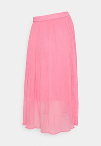 Falda midi plisada rosa con cintura elástica y textura transparente, forma fluida con un suave drapeado y tejido ligero.