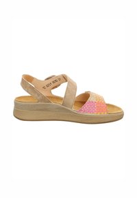 Beige Sandale mit einem gewebten pinken und orangefarbenen Muster im Obermaterial, ausgestattet mit einem gepolsterten Fußbett und einem niedrigen, strukturierten Absatz.