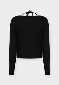 Zwart geribd crop top met lange mouwen en een halternek met strikdetail aan de achterkant, nauwsluitend silhouet en rechte zoom.
