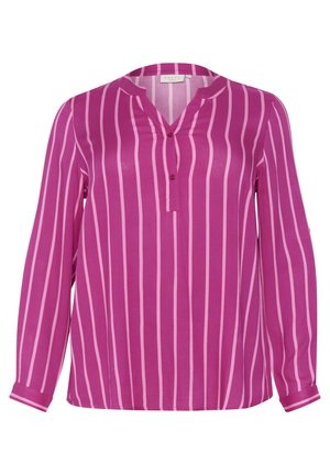 Fuchsia blouse with vertical pink stripes, long sleeves, V-neck collar, and button detail. Made from lightweight, smooth fabric.