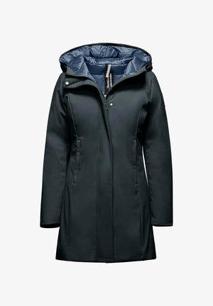 Cappotto nero impermeabile con cappuccio, chiusura lampo anteriore e due tasche laterali. Foderato in materiale blu per l'isolamento. Texture liscia.