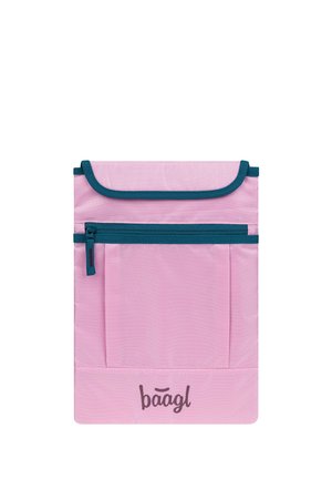 Růžové a tyrkysové kompaktní pouzdro s předním kapsou na zip a klopovým uzávěrem, s názvem značky „baagl“ ve spodní části.