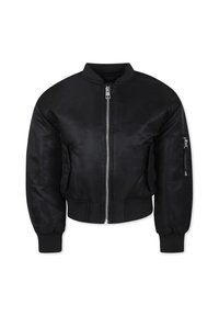 Giacca bomber nera realizzata in tessuto liscio con zip frontale, polsini a coste e tasche laterali. Presenta una tasca con zip sulla manica.