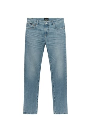 Jeans in denim blu chiaro con taglio dritto, cinque tasche e leggera sbiaditura. Presentano una chiusura con zip e un'etichetta del marchio sulla vita sul retro.