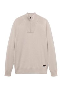 Light beige pullover sweater with a quarter-zip collar, ribbed neckline, and long sleeves. Features a small black accent at the hem.
