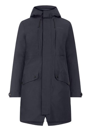 Tengerészkék vízálló parka kapucnival, két elülső zsebbel, elülső cipzáras záródással, húzózsinórral ellátott szegéllyel és állítható mandzsettákkal. Simább, matt textúra.