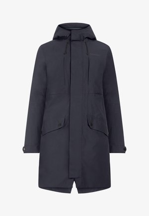 Parka impermeabile blu navy con cappuccio, due tasche anteriori, chiusura frontale con zip, orlo regolabile e polsini regolabili. Texture liscia e opaca.