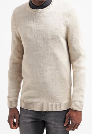 Maglione a maglia beige chiaro con scollatura rotonda, polsini e orlo a costine. Indossato sopra una camicia scura con colletto, caratterizzata da un motivo testurizzato.
