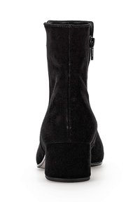 Black suede ankle boot with a block heel, zip closure on the side, and a smooth texture. The design features a fitted shaft.