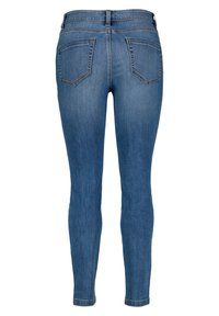 Slanke blauwe denim jeans met een hoge taille, voorzien van twee achterzakken en zichtbare stiksel langs de randen van de zakken en de zoom.