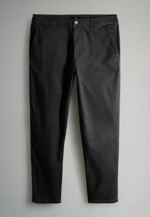 Juodos spalvos chino kelnės, pagamintos iš lengvo medvilnės mišinio. Turi du priekinius kišenes ir sagos užsegimą. Tiesių kojų dizainas su lygiu audiniu.