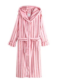 Pink fleece bathrobe with red vertical stripes, a hood, long sleeves, a tied belt, and two front pockets. Soft texture and casual design.