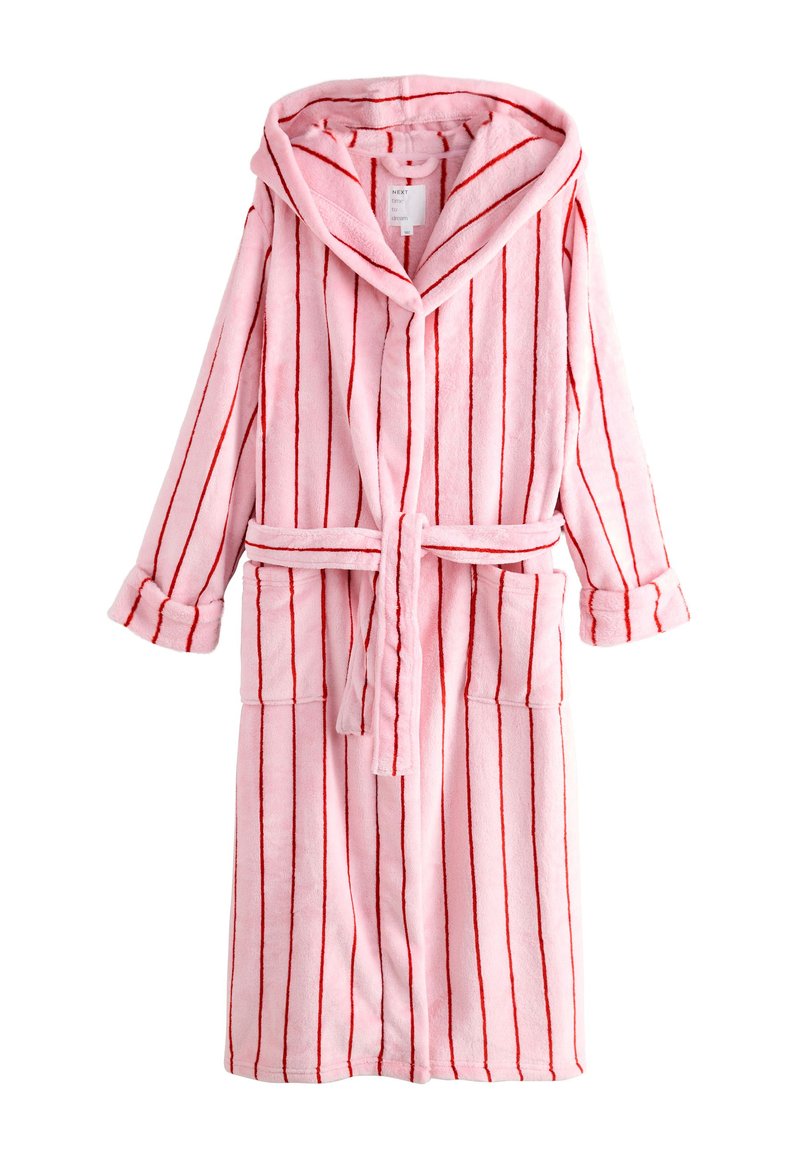 Pink fleece bathrobe with red vertical stripes, a hood, long sleeves, a tied belt, and two front pockets. Soft texture and casual design.