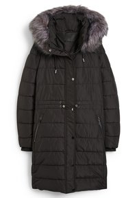 Svart puffjacka med huva av konstig päls, dragkedjefickor på sidan, tryckknapp och dragsko-stängning, vadderad struktur och medellång design.