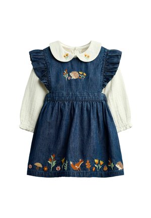 Blauwe spijkerjurk voor kinderen met crèmekleurige lange mouwen, witte kraag, gerimpelde schouders en geborduurde bosdieren en bloemen.